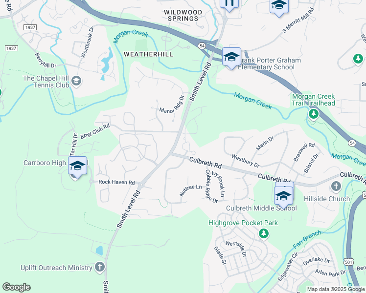 map of restaurants, bars, coffee shops, grocery stores, and more near 303 Smith Level Road in Chapel Hill