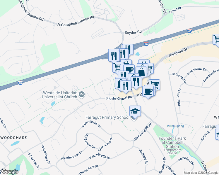 map of restaurants, bars, coffee shops, grocery stores, and more near 619 Farragut Commons Drive in Farragut
