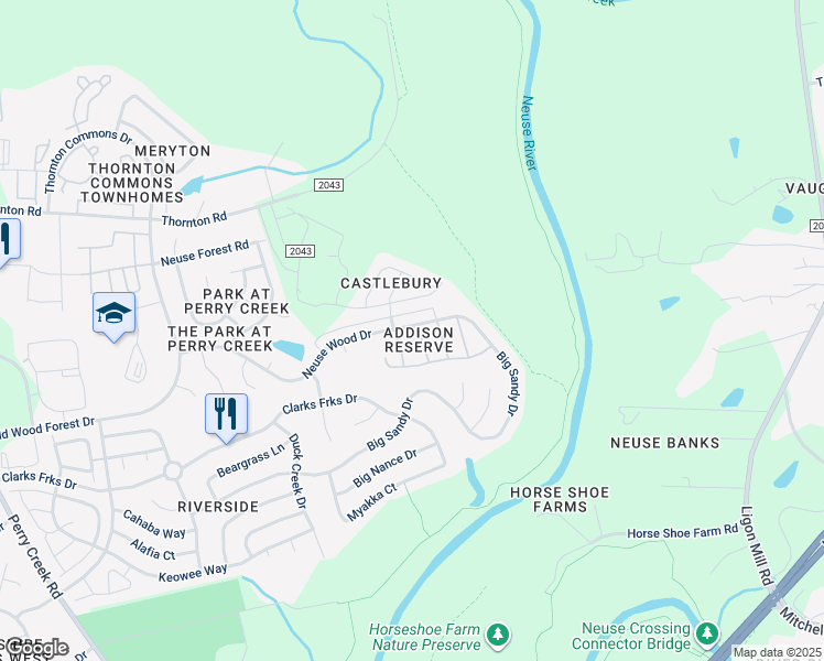 map of restaurants, bars, coffee shops, grocery stores, and more near 8347 Glenwood Springs Court in Raleigh