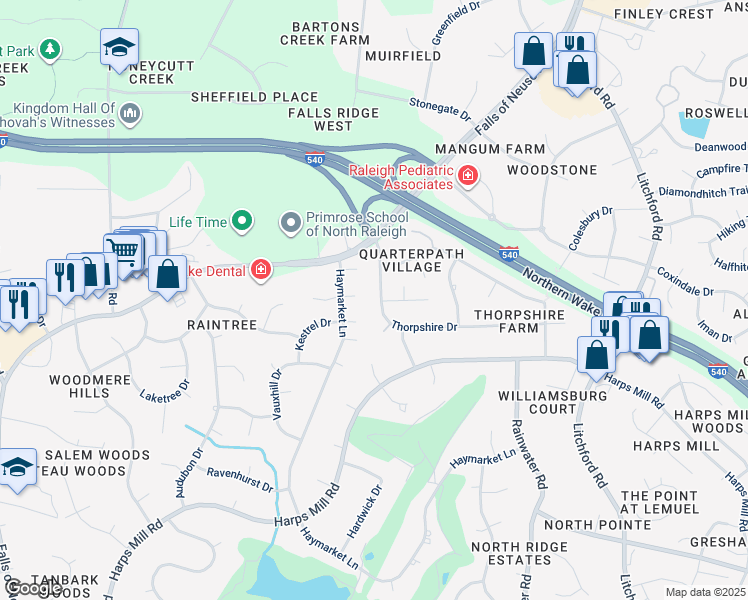 map of restaurants, bars, coffee shops, grocery stores, and more near 1828 Thorpshire Drive in Raleigh