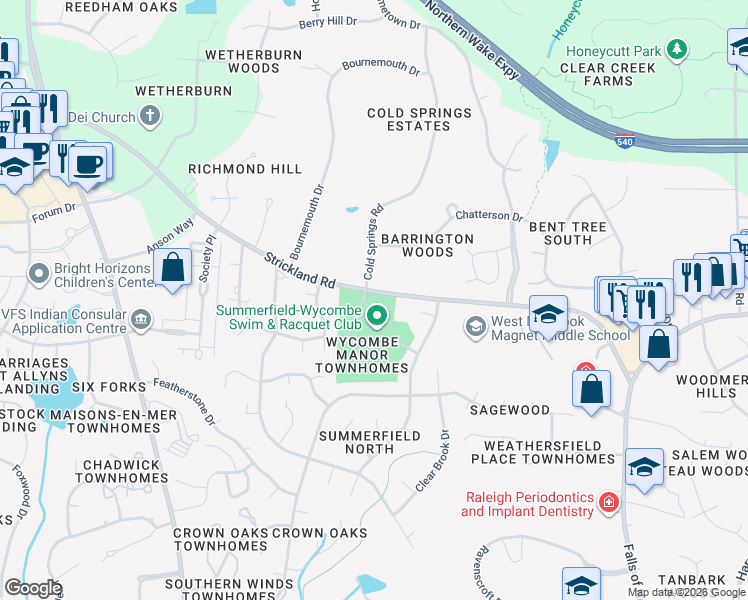 map of restaurants, bars, coffee shops, grocery stores, and more near 8450 Wycombe Lane in Raleigh