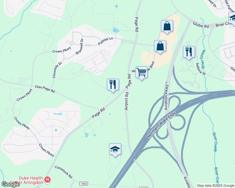 map of restaurants, bars, coffee shops, grocery stores, and more near 3818 Page Road in Morrisville