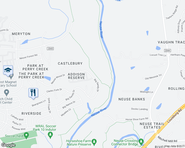 map of restaurants, bars, coffee shops, grocery stores, and more near 6161 Neuse Wood Drive in Raleigh