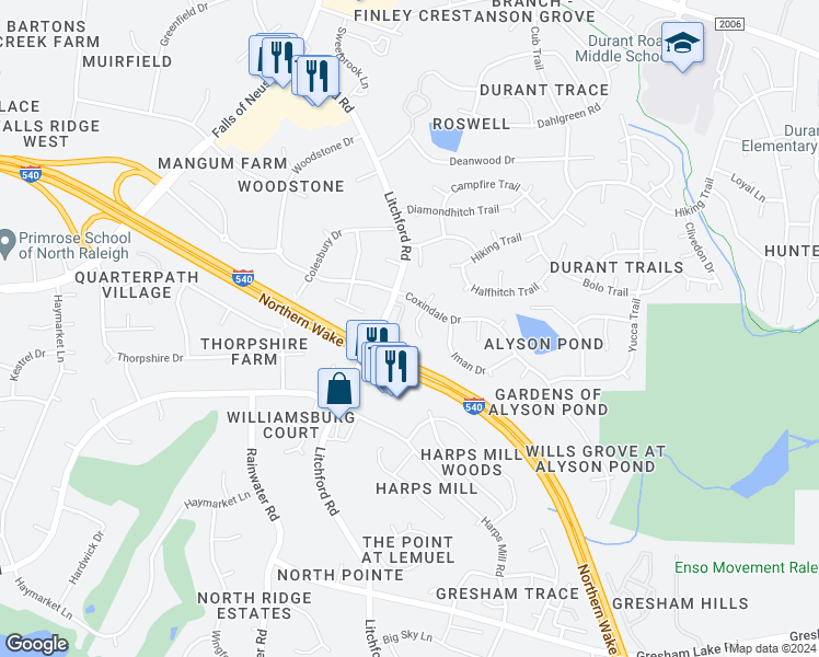 map of restaurants, bars, coffee shops, grocery stores, and more near 8513 Averell Court in Raleigh