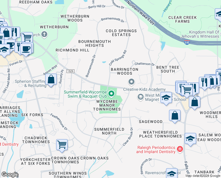 map of restaurants, bars, coffee shops, grocery stores, and more near 8450 Wycombe Lane in Raleigh