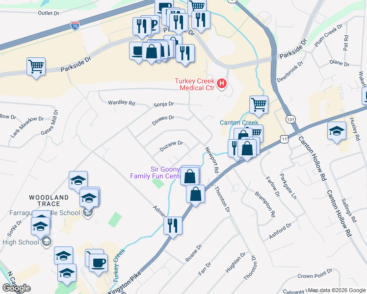 map of restaurants, bars, coffee shops, grocery stores, and more near 205 Duzane Drive in Knoxville