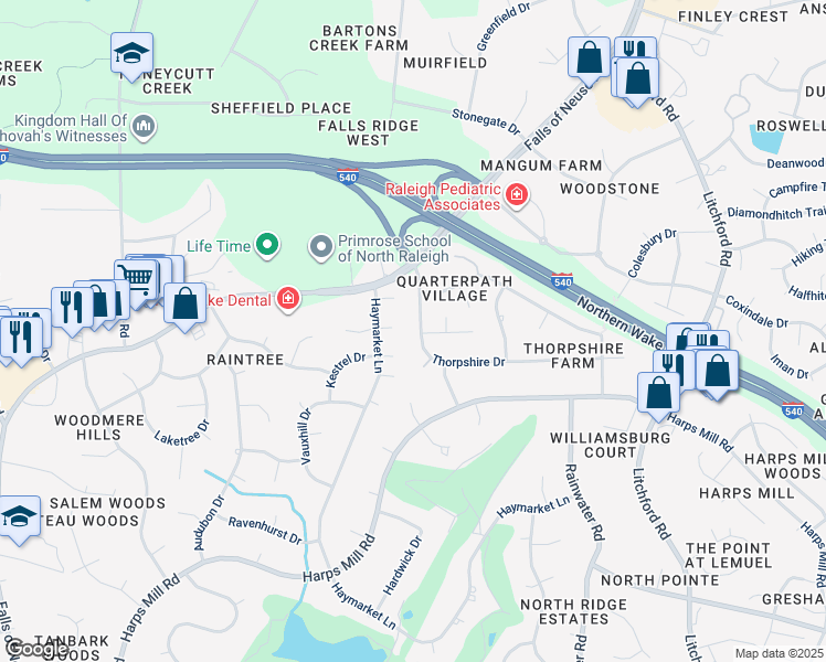 map of restaurants, bars, coffee shops, grocery stores, and more near 1828 Thorpshire Drive in Raleigh