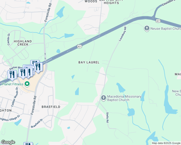 map of restaurants, bars, coffee shops, grocery stores, and more near 4208 Bay Laurel Court in Wake Forest
