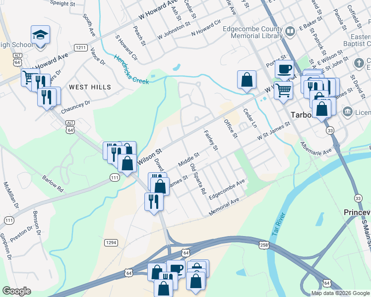 map of restaurants, bars, coffee shops, grocery stores, and more near 730 West Wilson Street in Tarboro
