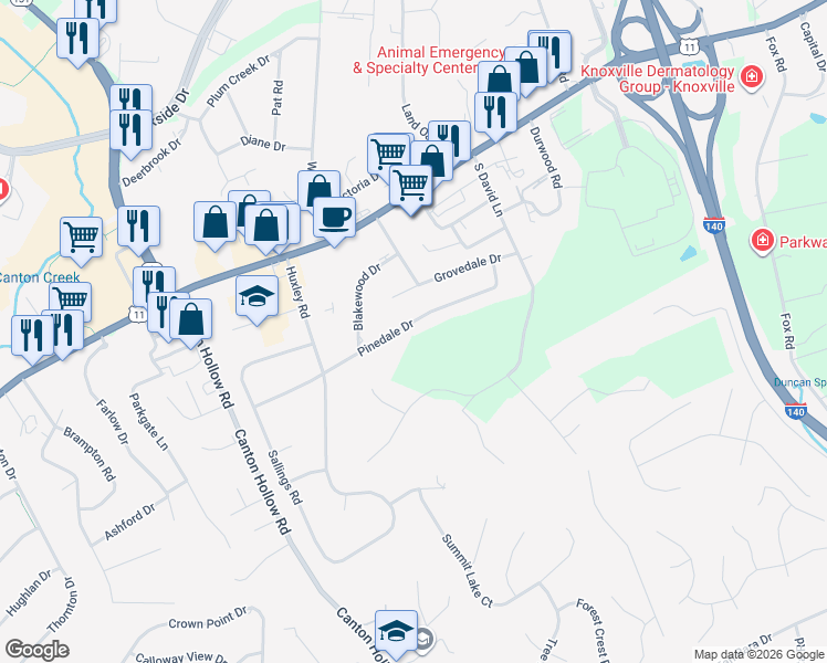 map of restaurants, bars, coffee shops, grocery stores, and more near 10512 Grovedale Drive in Knoxville