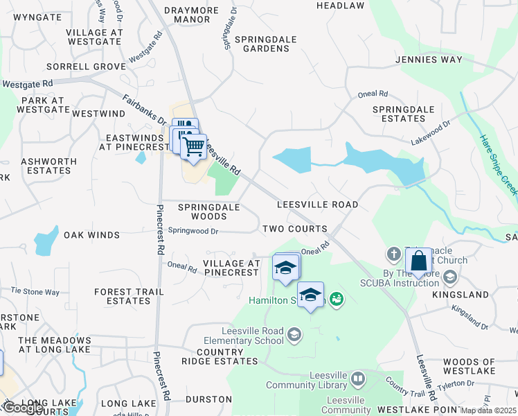 map of restaurants, bars, coffee shops, grocery stores, and more near 4909 Springwood Drive in Raleigh