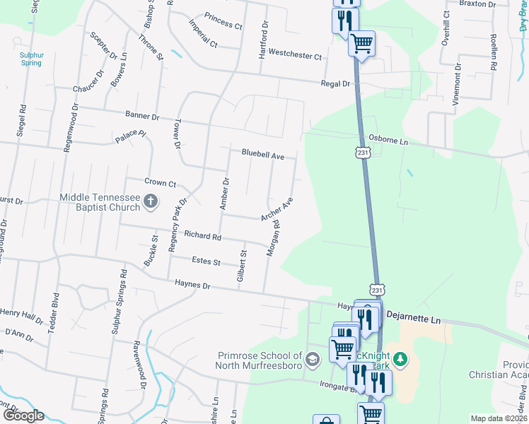 map of restaurants, bars, coffee shops, grocery stores, and more near 2707 Morgan Road in Murfreesboro