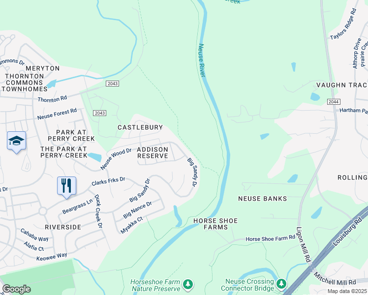map of restaurants, bars, coffee shops, grocery stores, and more near 6159 Neuse Wood Drive in Raleigh