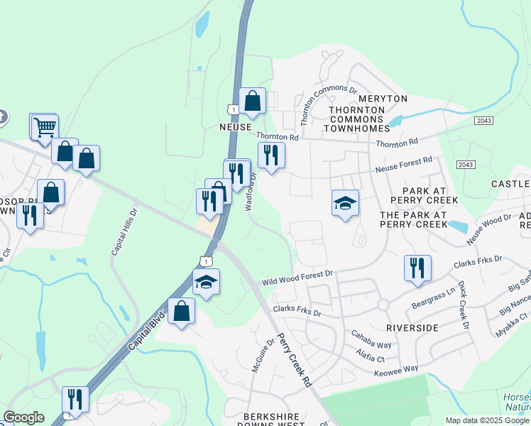 map of restaurants, bars, coffee shops, grocery stores, and more near 8700 Wadford Drive in Raleigh