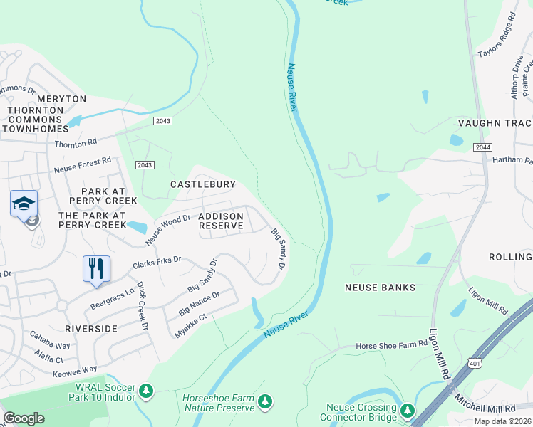 map of restaurants, bars, coffee shops, grocery stores, and more near 6151 Neuse Wood Drive in Raleigh