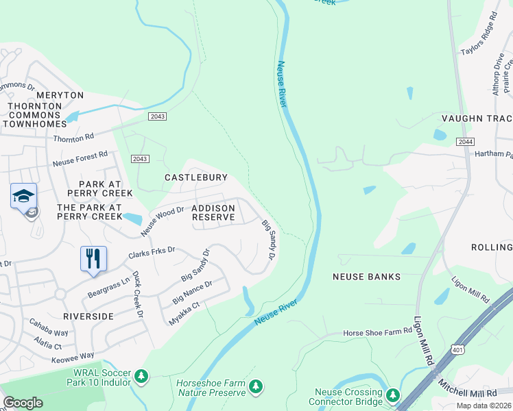 map of restaurants, bars, coffee shops, grocery stores, and more near 6151 Neuse Wood Drive in Raleigh