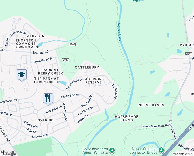 map of restaurants, bars, coffee shops, grocery stores, and more near 6115 Neuse Wood Drive in Raleigh