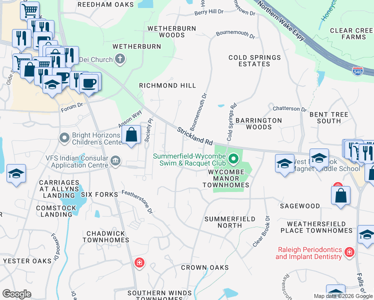map of restaurants, bars, coffee shops, grocery stores, and more near 8520 Old Deer Trail in Raleigh