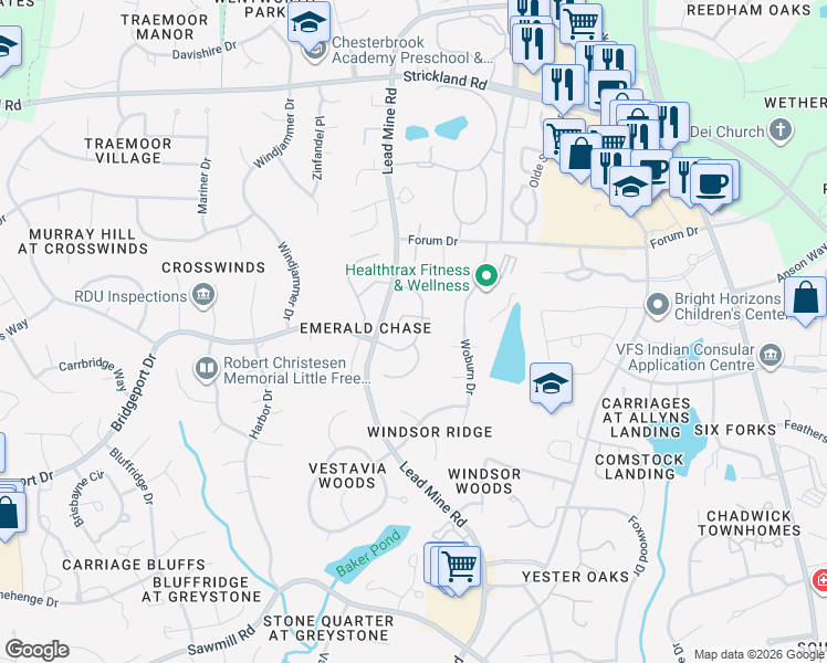 map of restaurants, bars, coffee shops, grocery stores, and more near 1337 Bridgeport Drive in Raleigh