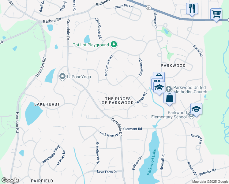 map of restaurants, bars, coffee shops, grocery stores, and more near 42 Redbud Court in Durham