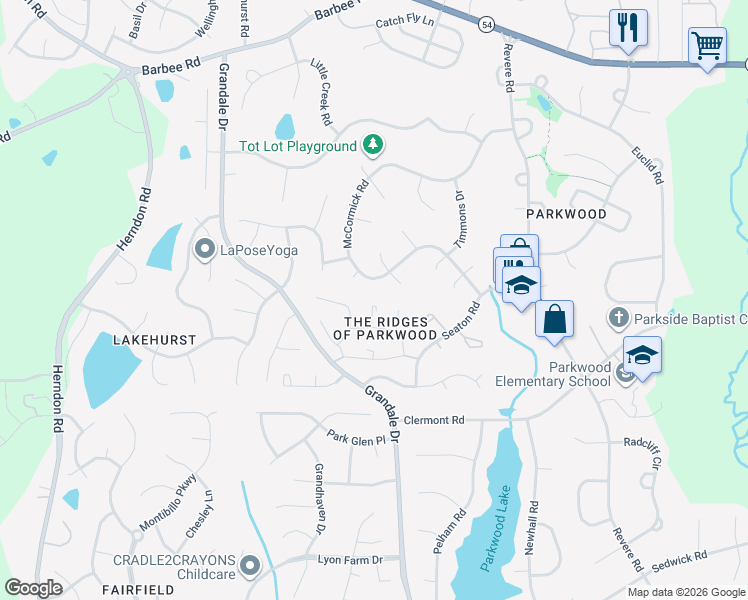 map of restaurants, bars, coffee shops, grocery stores, and more near 5 Fentress Court in Durham