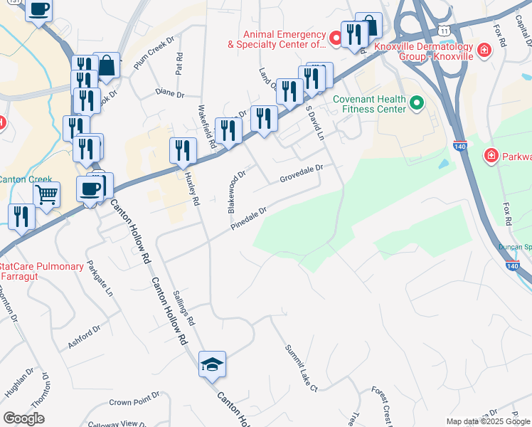 map of restaurants, bars, coffee shops, grocery stores, and more near 10512 Grovedale Drive in Knoxville