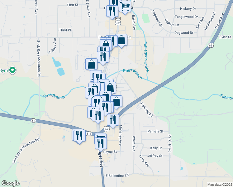 map of restaurants, bars, coffee shops, grocery stores, and more near 200 Monroe Street in Tahlequah