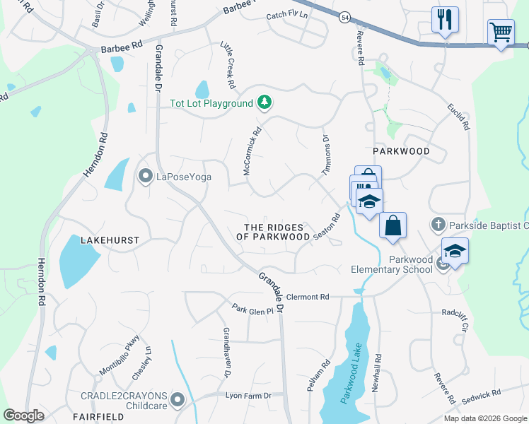 map of restaurants, bars, coffee shops, grocery stores, and more near 5 Fentress Court in Durham