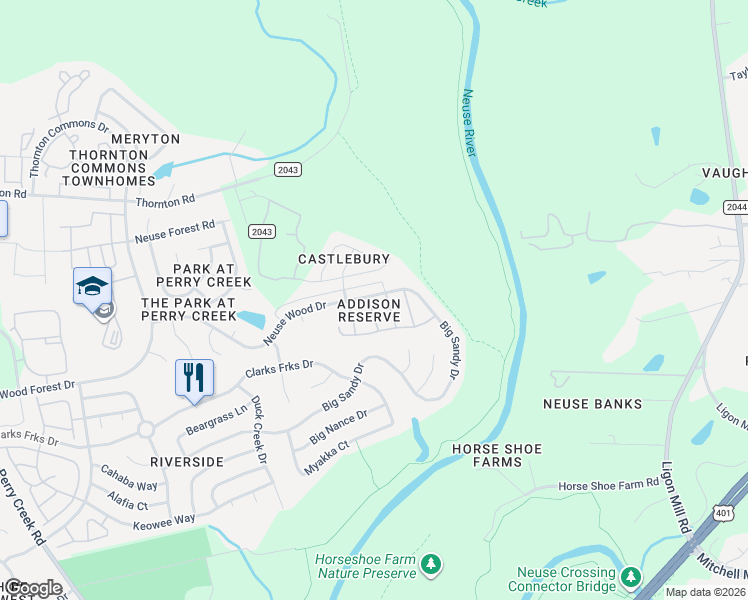 map of restaurants, bars, coffee shops, grocery stores, and more near 6015 Neuse Wood Drive in Raleigh