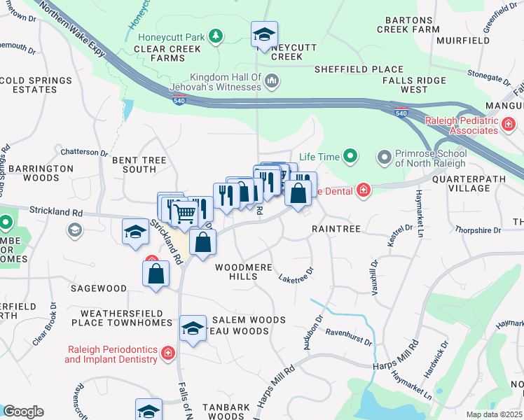 map of restaurants, bars, coffee shops, grocery stores, and more near 8316 Honeycutt Road in Raleigh