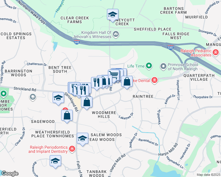 map of restaurants, bars, coffee shops, grocery stores, and more near 8316 Honeycutt Road in Raleigh
