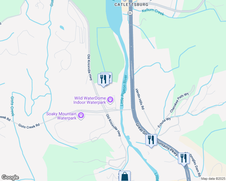 map of restaurants, bars, coffee shops, grocery stores, and more near 1440 Old Knoxville Highway in Sevierville
