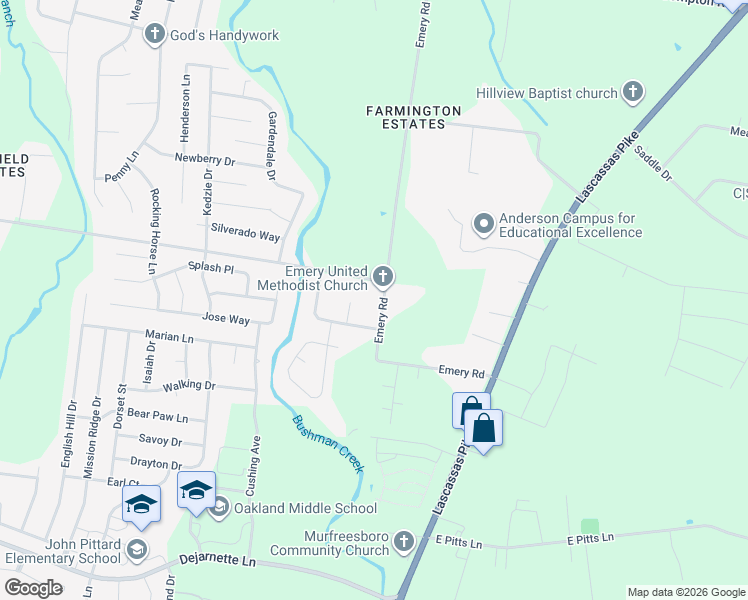 map of restaurants, bars, coffee shops, grocery stores, and more near 2992 Emery Road in Murfreesboro