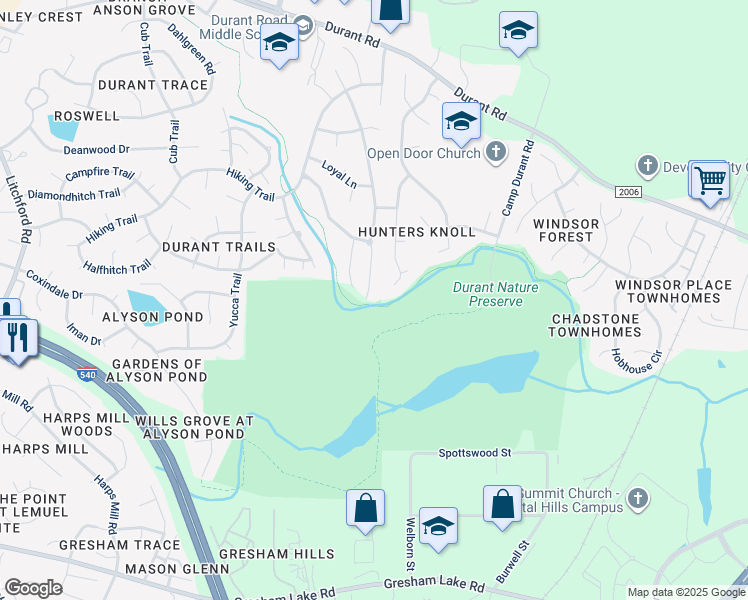 map of restaurants, bars, coffee shops, grocery stores, and more near 8700 Courage Court in Raleigh