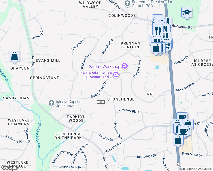 map of restaurants, bars, coffee shops, grocery stores, and more near 8517 Sleepy Creek Drive in Raleigh