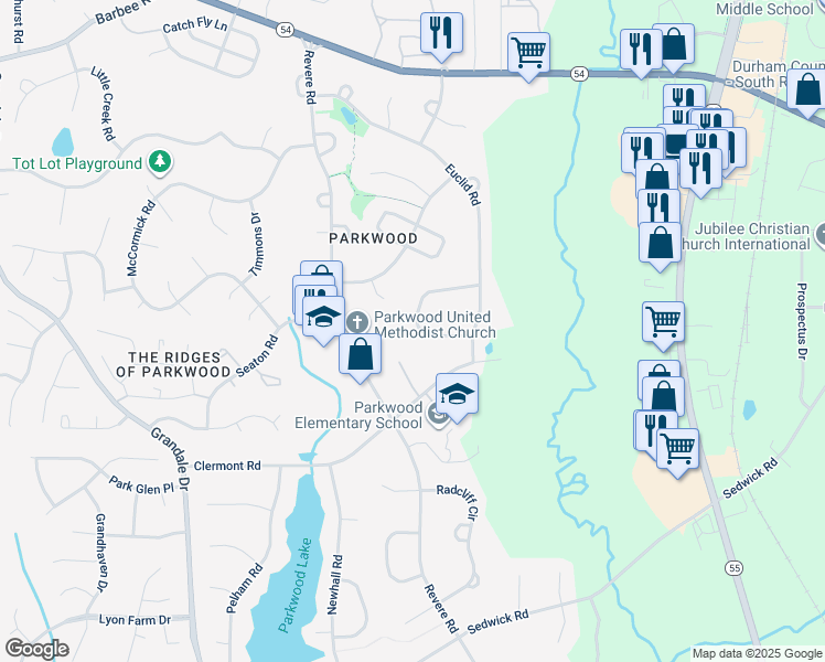 map of restaurants, bars, coffee shops, grocery stores, and more near 128 Emerald Circle in Durham