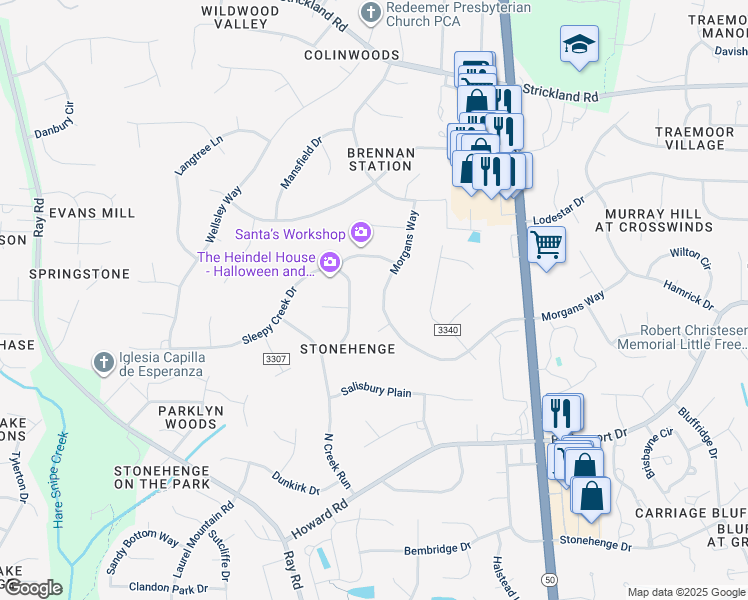 map of restaurants, bars, coffee shops, grocery stores, and more near 8409 Morgans Way in Raleigh