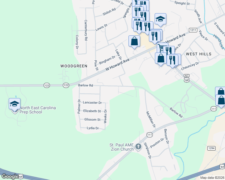 map of restaurants, bars, coffee shops, grocery stores, and more near 1901-1909 State Road 1208 in Tarboro