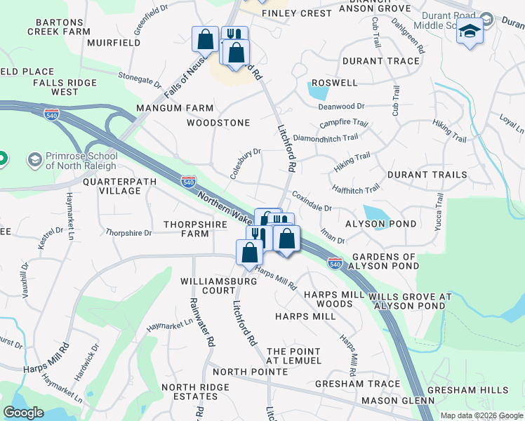 map of restaurants, bars, coffee shops, grocery stores, and more near 2216 Effingham Circle in Raleigh