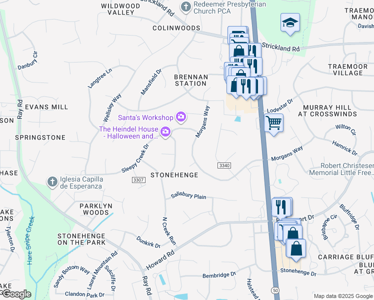 map of restaurants, bars, coffee shops, grocery stores, and more near 8409 Morgans Way in Raleigh