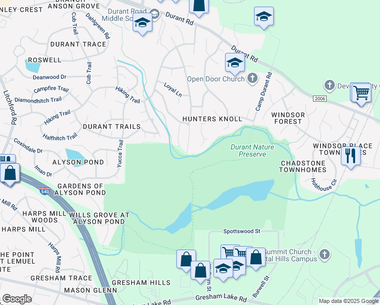 map of restaurants, bars, coffee shops, grocery stores, and more near 8700 Courage Court in Raleigh