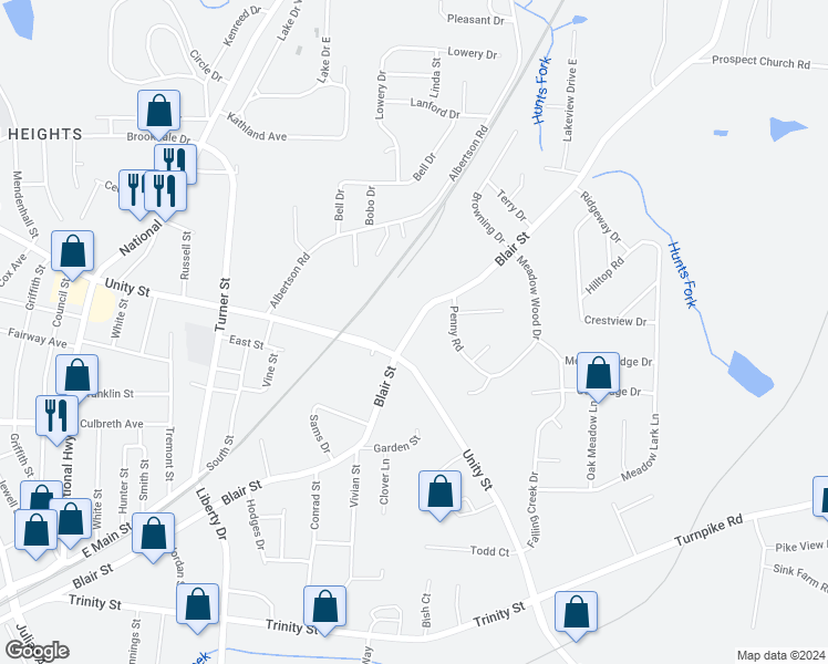 map of restaurants, bars, coffee shops, grocery stores, and more near 1305 Blair Street in Thomasville