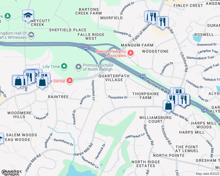 map of restaurants, bars, coffee shops, grocery stores, and more near 8701 Chatterleigh Circle in Raleigh