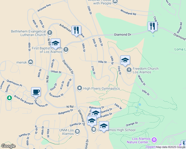 map of restaurants, bars, coffee shops, grocery stores, and more near 9999 37th Street in Los Alamos