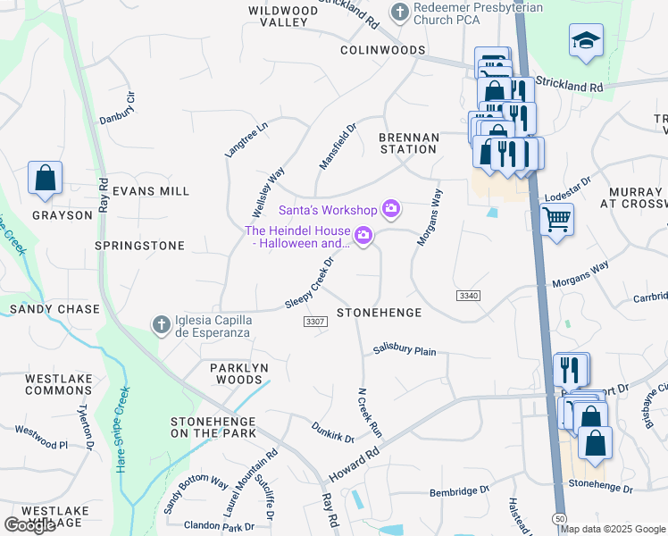 map of restaurants, bars, coffee shops, grocery stores, and more near 8517 Sleepy Creek Drive in Raleigh