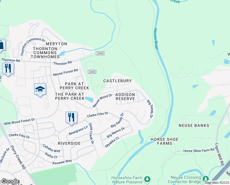 map of restaurants, bars, coffee shops, grocery stores, and more near 5935 Neuse Wood Drive in Raleigh
