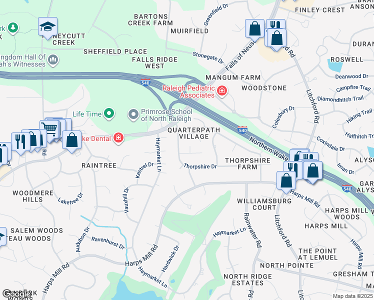 map of restaurants, bars, coffee shops, grocery stores, and more near 8701 Chatterleigh Circle in Raleigh