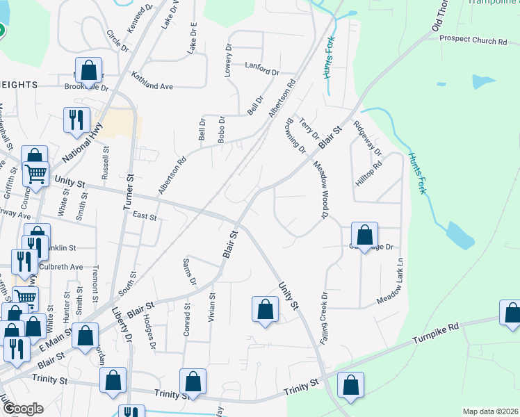 map of restaurants, bars, coffee shops, grocery stores, and more near 1305 Blair Street in Thomasville