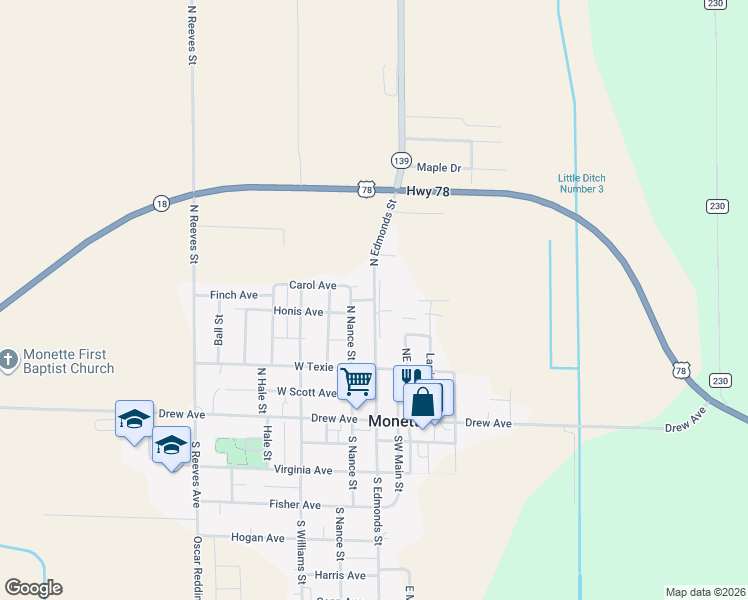 map of restaurants, bars, coffee shops, grocery stores, and more near 800 North Edmonds Street in Monette