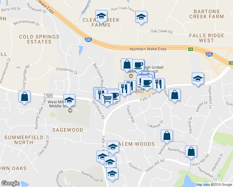 map of restaurants, bars, coffee shops, grocery stores, and more near 705 Porchlamp Court in Raleigh